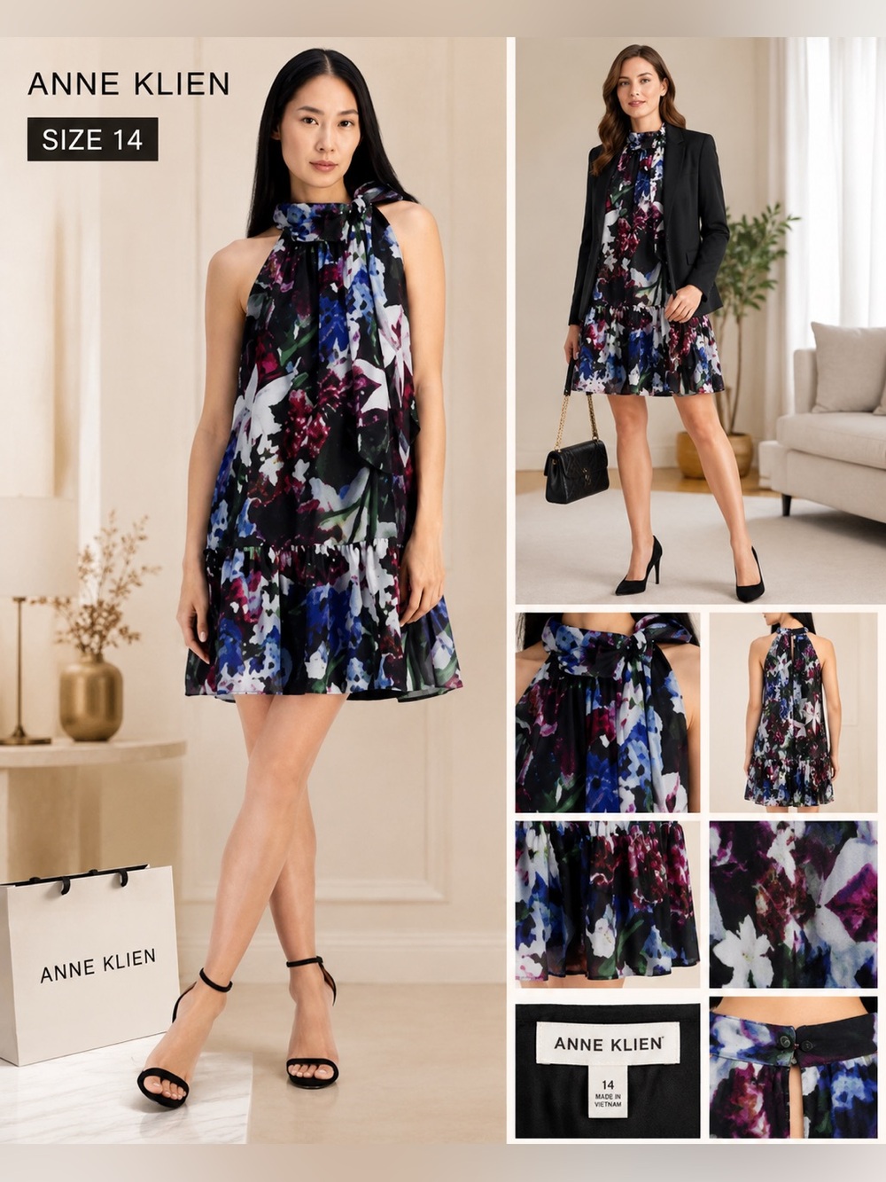 Anne Klein Black Multi Floral Halter Tie-Neck Mini Dress